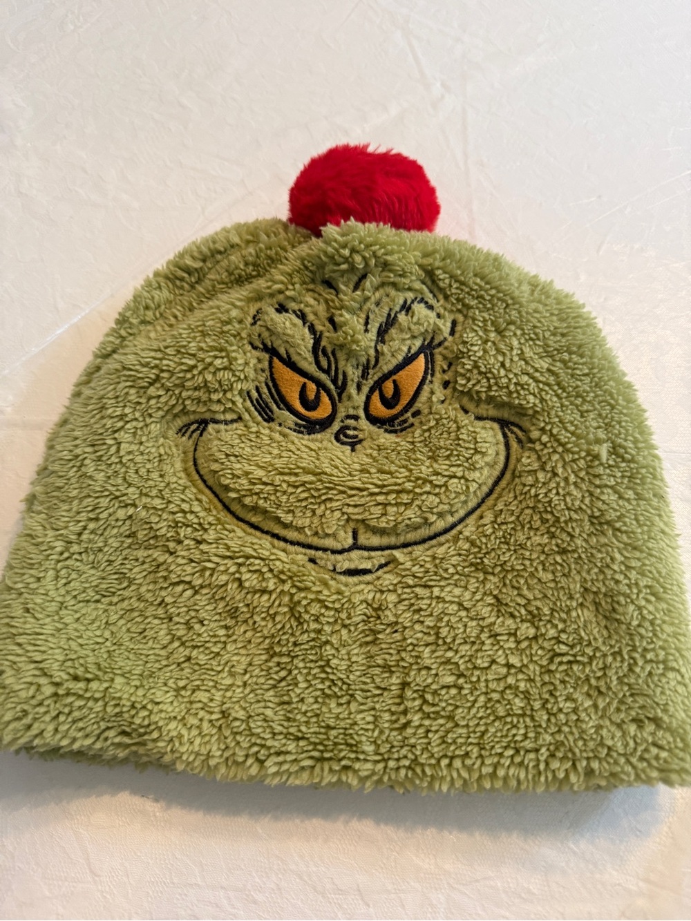 Green Grinch Plush Beanie Hat with Red Pom Pom Adult One Size